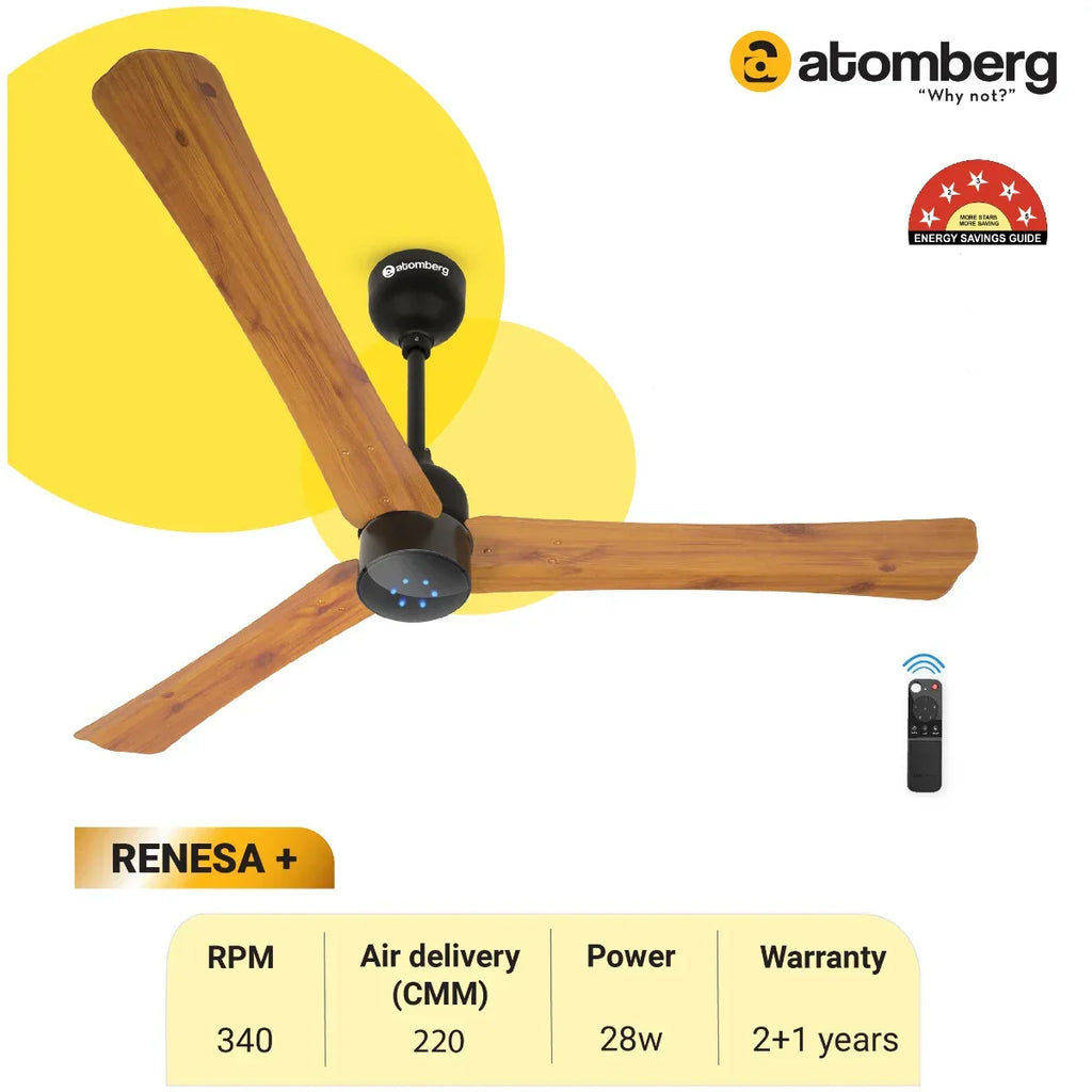 Atomberg Renesa+ 56" 35 Watt BLDC motor Energy Saving Anti-Dust Speed Indicator Light  Ceiling Fan with Remote Control (Golden OakWood) Pack  AT-102