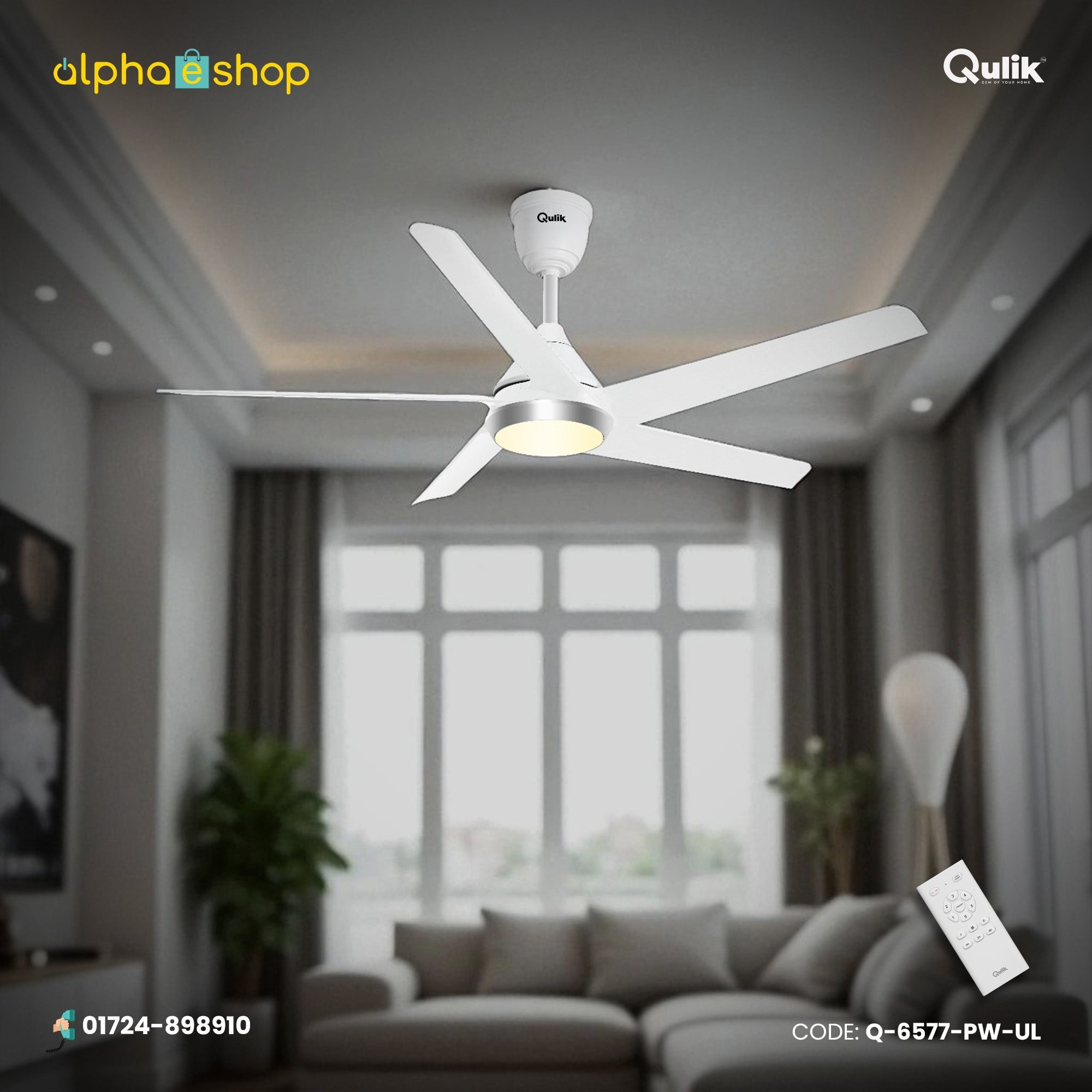 Qulik Alpha Edge 5B 53"- Decorative Energy Saving BLDC Remote Control Underlight Ceiling Fan (Parle White) | Q-6577-PW-UL